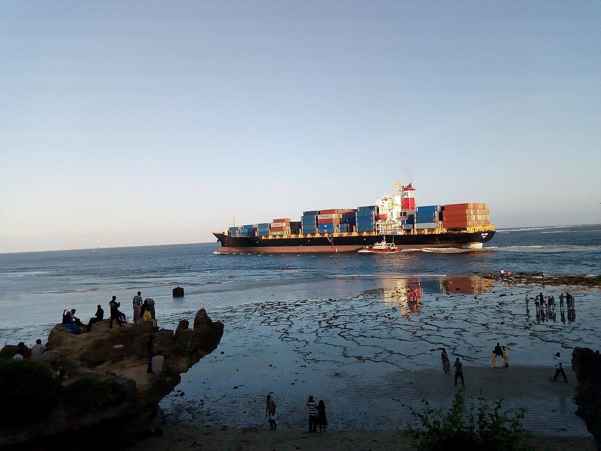 A container ship leaving the port of Mombasa, Kenya.